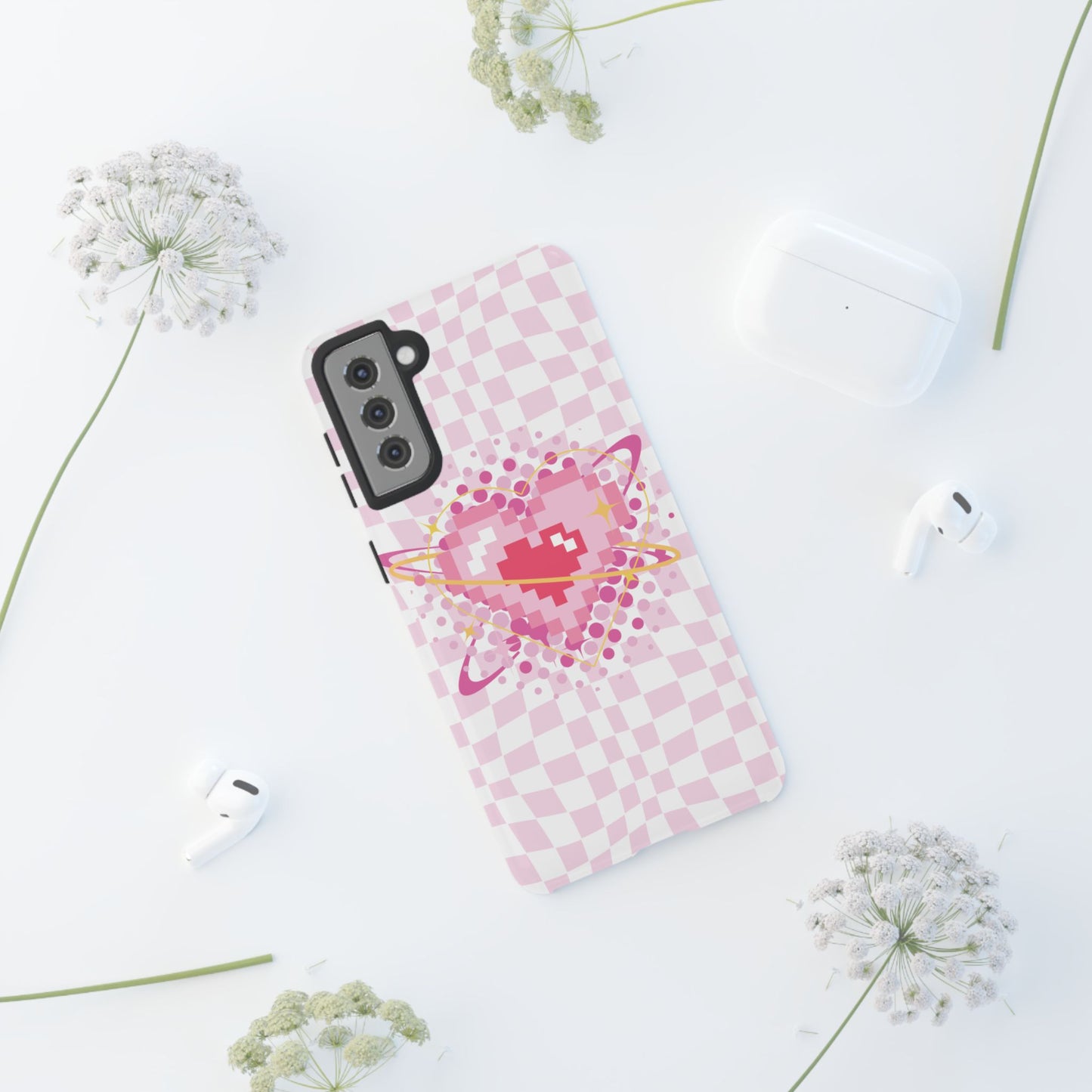 Pixel Heart Phone Case, Cute Phone Cover, Retro Gamer Gift, Valentine's Day Gift, Trendy Tech Accessory, Soft Pink Design