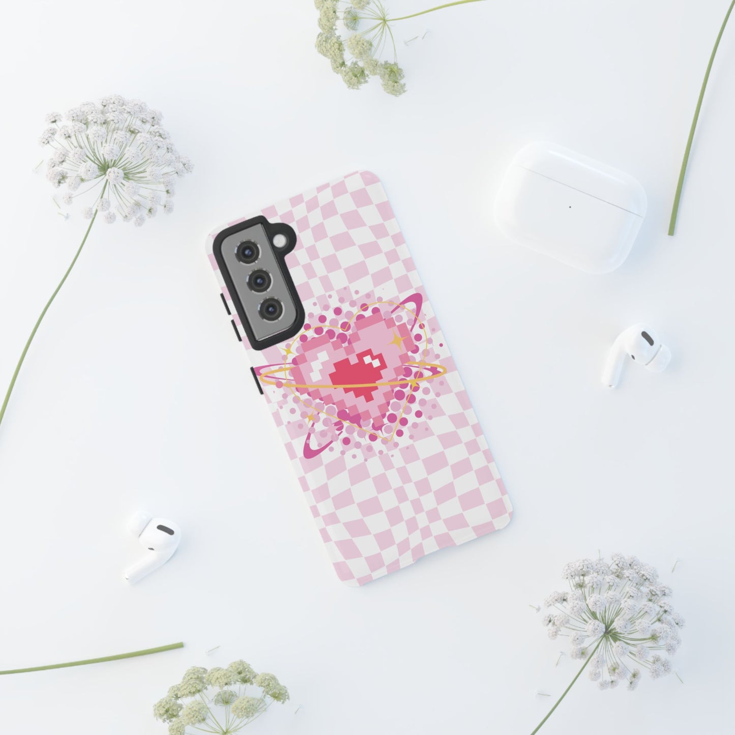 Pixel Heart Phone Case, Cute Phone Cover, Retro Gamer Gift, Valentine's Day Gift, Trendy Tech Accessory, Soft Pink Design