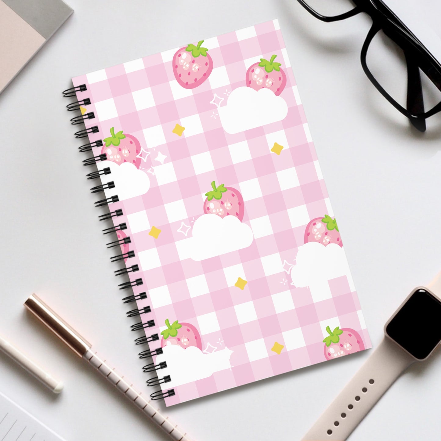 Pink Strawberry Gingham Spiral Journal — Cute Cloud & Fruit Notebook