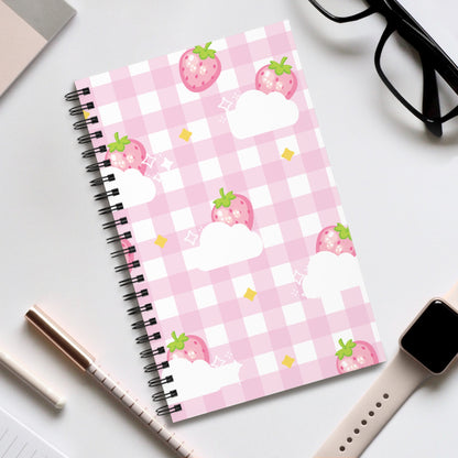 Pink Strawberry Gingham Spiral Journal — Cute Cloud & Fruit Notebook
