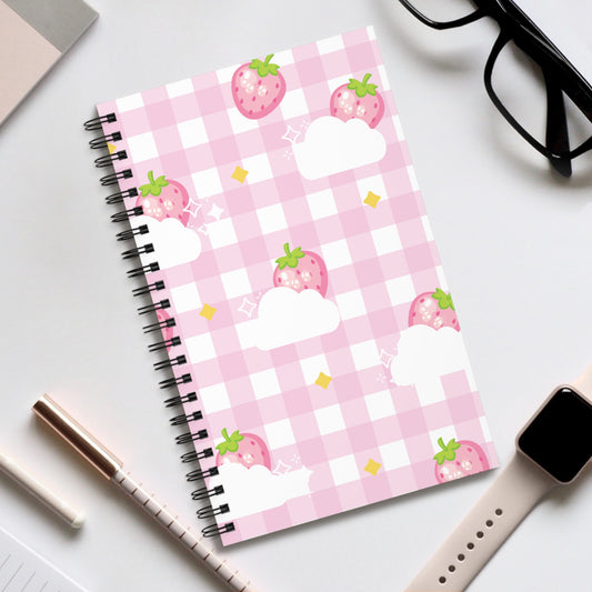 Pink Strawberry Gingham Spiral Journal — Cute Cloud & Fruit Notebook